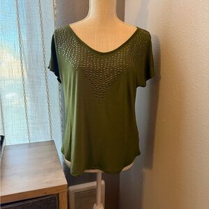 Soprano Olive Green Short Sleeve Studded V-Neck Tee shirt, small